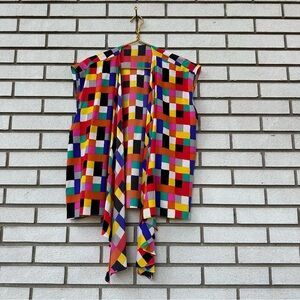 Vintage Linda Dano 100% Silk Geometric Colorblock Vest Open Front Statement